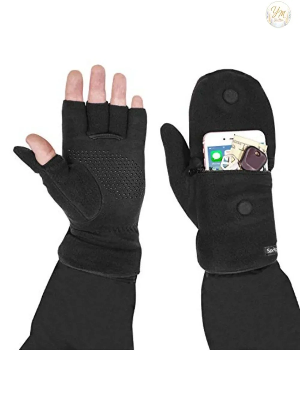 Fleece Fingerless Gloves With Zipper Pocket, Removable Hood, Grip Dots